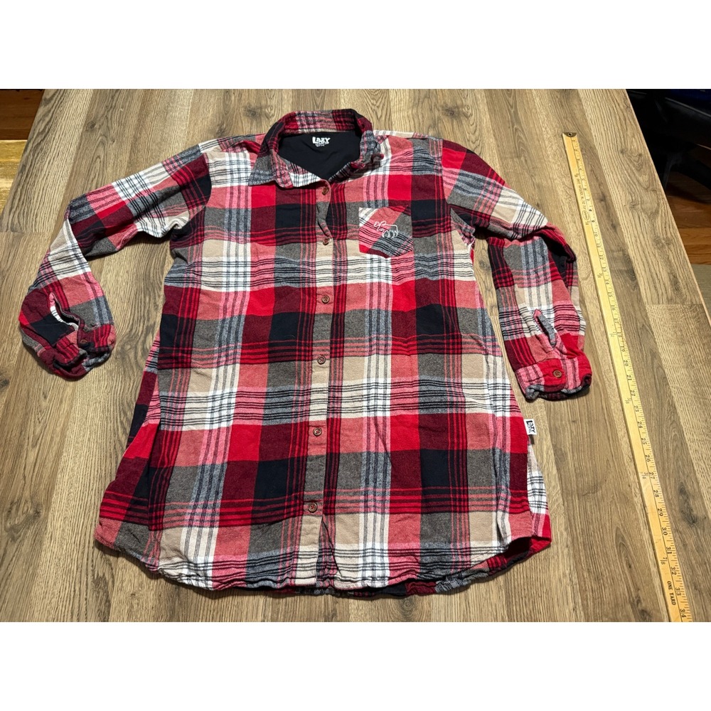 Lazy One Nightshirt Womens Size L/XL Red Plaid Cotton Flannel Sleepwear Moose
